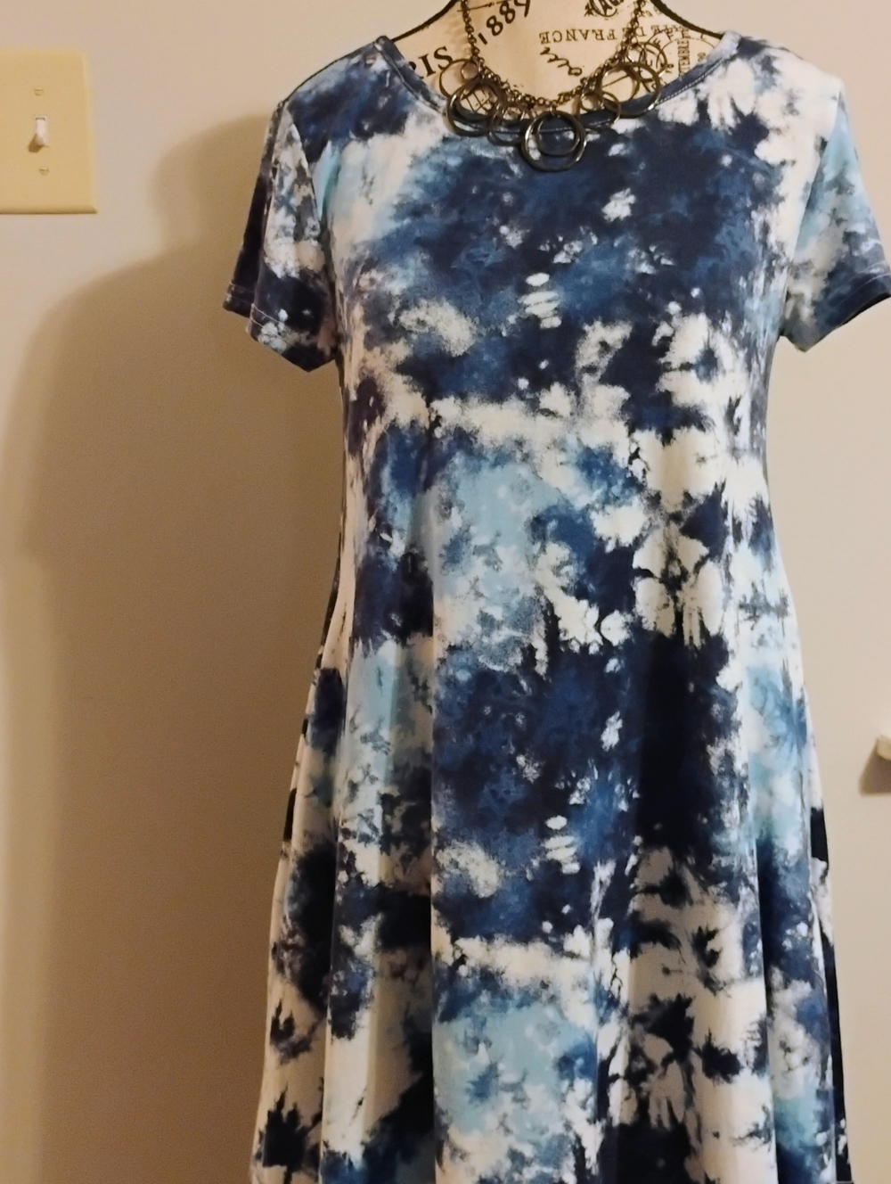 Blue & White Tie-Dye Short Sleeve Swing Dress